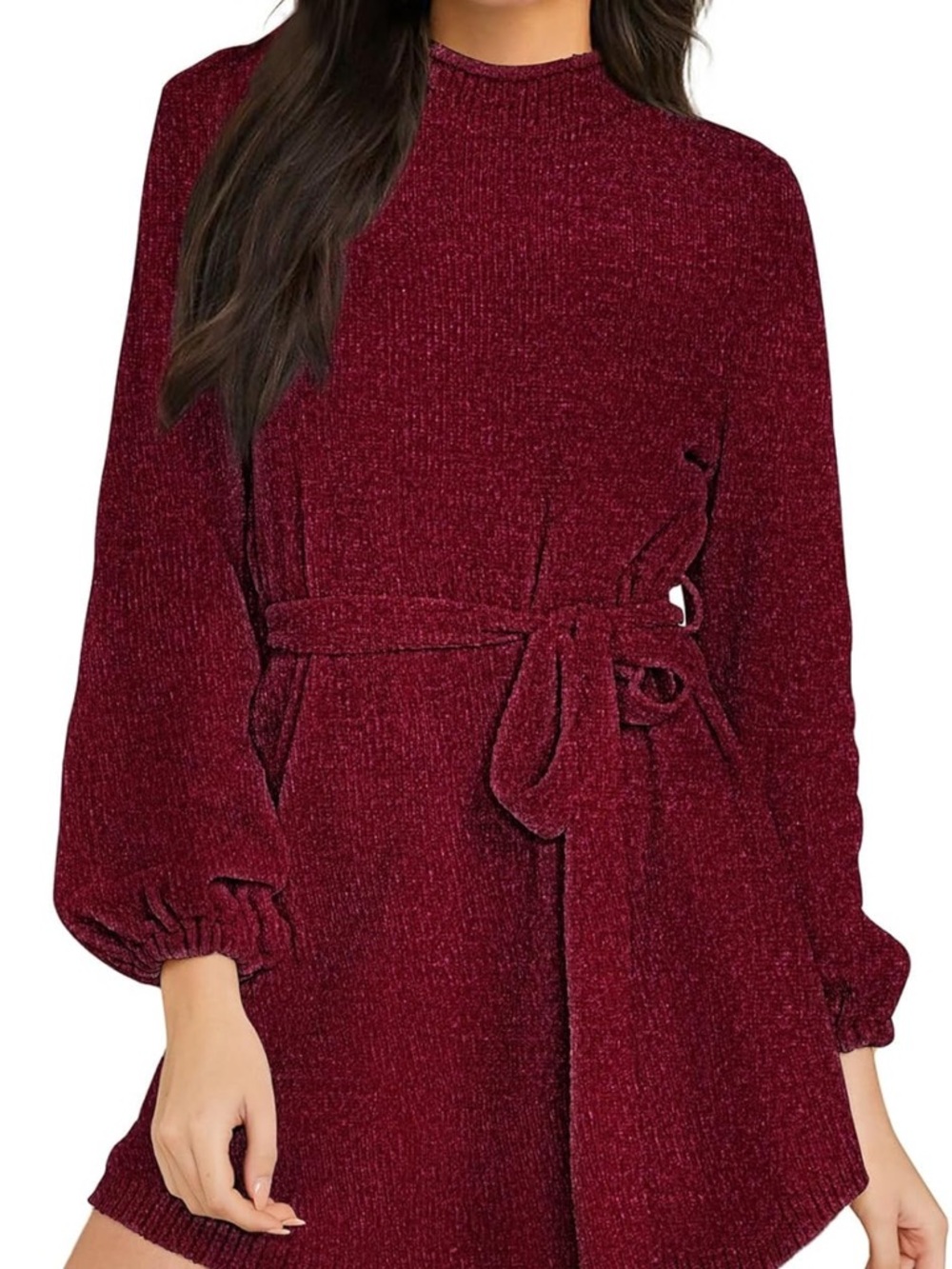 Women's Burgundy Long-Sleeve Belted Dress